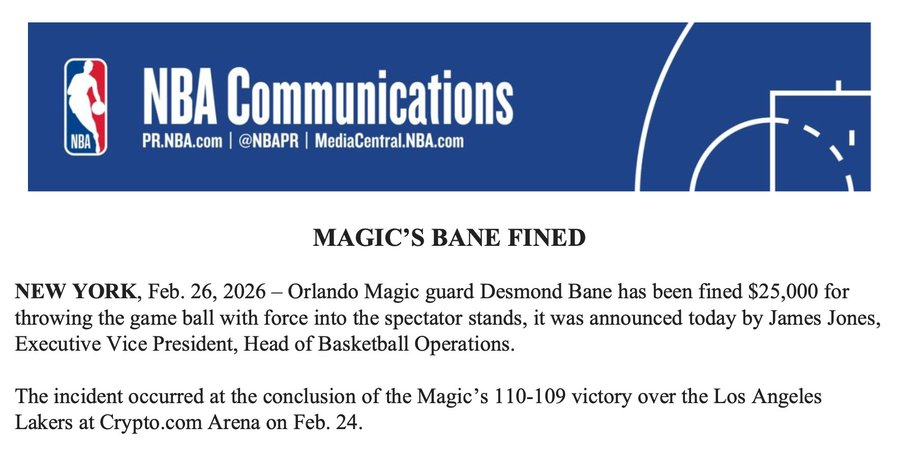 华体会直播公司-NBA官宣两张罚单：华子贝恩用力把球扔向观众席 各罚25000美元